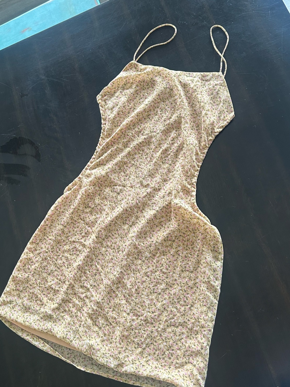 Open Side Floral Print Mini Slip Dress in Cream - Classic Spaghetti Strap